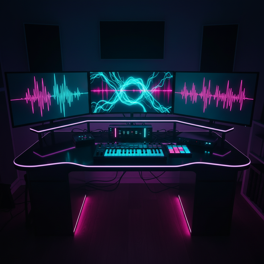 A dynamic photographic image of a dark, ultra-modern music production desk seen from a slightly elevated angle, covered with a compact MIDI keyboard, illuminated drum pads, and a sleek audio interface, all glowing with vivid cyan and magenta LEDs. Multiple widescreen monitors display abstract visualizers and waveform patterns representing DXCV3R tracks, intentionally free of readable text. The room is lit primarily by the screens and LED strips lining the desk edges, creating a moody, futuristic glow with rich reflections on the glossy black surface. The composition uses deep perspective, drawing the eye toward the central monitor, with sharp focus throughout. The atmosphere is intense and creative, perfect for a section about the artist’s studio and creative process.