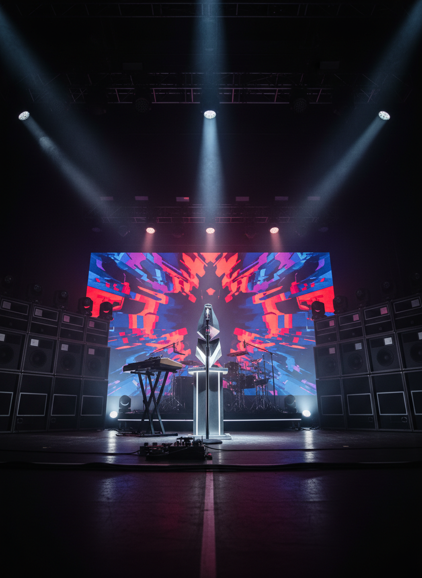 A dramatic, photographic image of a dark stage setup prepared for a DXCV3R live performance, without any performers present. At center stage, a futuristic microphone stand and a minimalist keyboard on a sleek stand are surrounded by towering speaker stacks and subwoofers. Behind them, a massive LED wall displays abstract, glitchy graphics in bold reds, blues, and purples that echo the artist’s bold personality. Powerful spotlights from above and behind cut through a thin haze of stage fog, creating intense beams and rim lighting around the equipment. Captured from a low-angle perspective with deep focus, the scene feels energetic and larger-than-life, perfect for a section about live shows or music videos.
