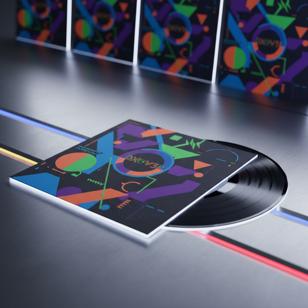 A hyper-detailed close-up photographic scene of a black vinyl record partially slid out of a custom cover sleeve designed for a DXCV3R release, featuring abstract geometric shapes and bold, high-contrast colors instead of readable text. The record rests on a brushed steel surface with scattered reflections of colored LED strips. Soft studio lighting from above and behind creates a subtle halo on the record’s grooves and a bright rim light on the sleeve’s edges. In the softly blurred background, a minimalist row of other stylized album covers hints at a larger discography. Framed using the rule of thirds with a shallow depth of field, the mood is confident, modern, and edgy, ideal for showcasing music releases and cover art.