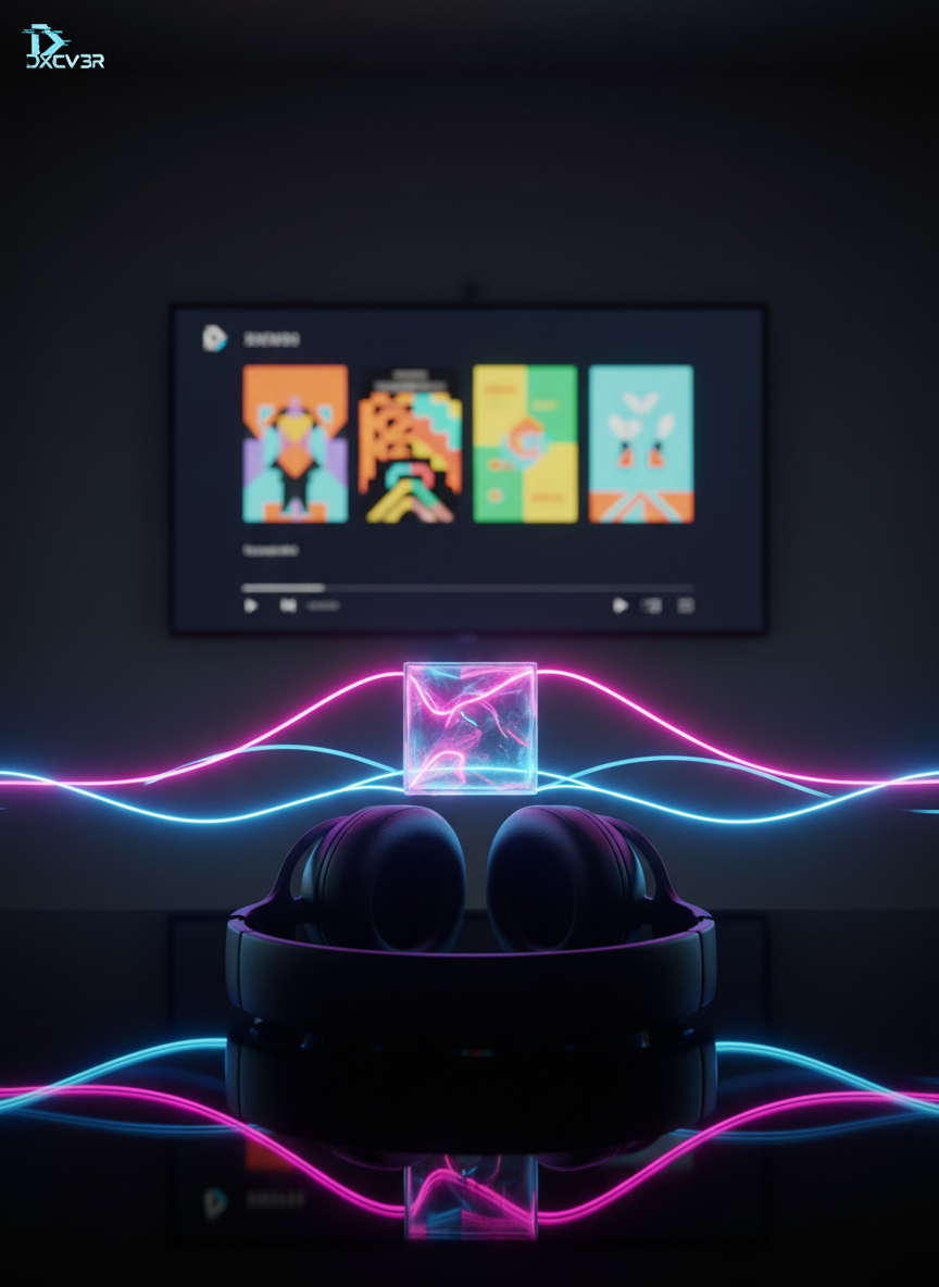 A striking photographic still life of a minimalist, black, over-ear studio headphone set resting on a reflective glass table, with an abstract, holographic cube hovering above the ear cups, emitting vibrant soundwave-like light trails in electric blue, hot pink, and neon purple. Behind the table, a large, wall-mounted screen shows a paused video interface with bold, colorful thumbnails, hinting at DXCV3R’s YouTube channel without legible text. The room is dark, illuminated primarily by the holographic glow and subtle ambient lighting from the screen, creating a dramatic, high-contrast atmosphere. Shot at a low angle with the headphones dominating the foreground and the screen slightly out of focus, the composition feels bold and cinematic, ideal for promoting video content.