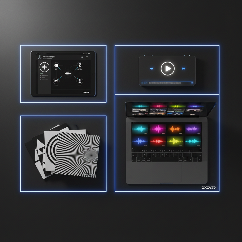 A clean, photographic top-down view of a bold, monochrome desk setup that visually represents clear site navigation for a DXCV3R music hub. On a matte-black desk surface, four distinct zones are arranged: a tablet displaying an abstract artist bio page with graphic icons instead of words, a stack of stylized album cases with striking cover art, a laptop showing a grid of colorful video thumbnails, and a compact audio player with glowing play controls. Thin neon light strips subtly outline each area, guiding the eye between them. Soft, diffused overhead lighting creates gentle shadows and emphasizes the geometric layout. The mood is organized yet energetic, with a modern, tech-forward aesthetic that communicates intuitive browsing without relying on text or human figures.